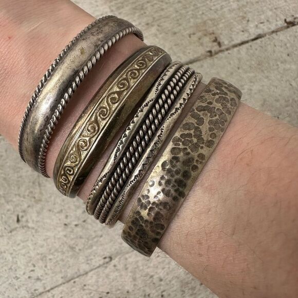 Vintage Lot Of 4 Solid Sterling Cuff Bracelets - Picture 1 of 14